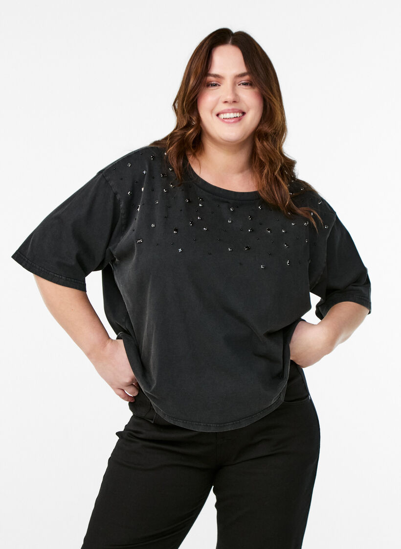 Boxy T-shirt with pearls and rhinestones, Dark Grey, Model image number 0
