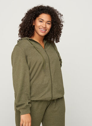 Sweat cardigan with a zip and hood, Ivy green Melange, Model image number 0