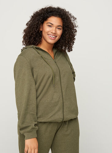 Sweat cardigan with a zip and hood, Ivy green Melange, Model image number 0