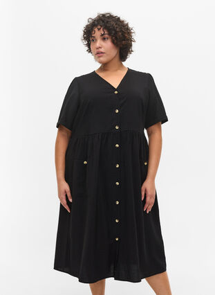 Short sleeve dress with buttons and pockets, Black, Model image number 0