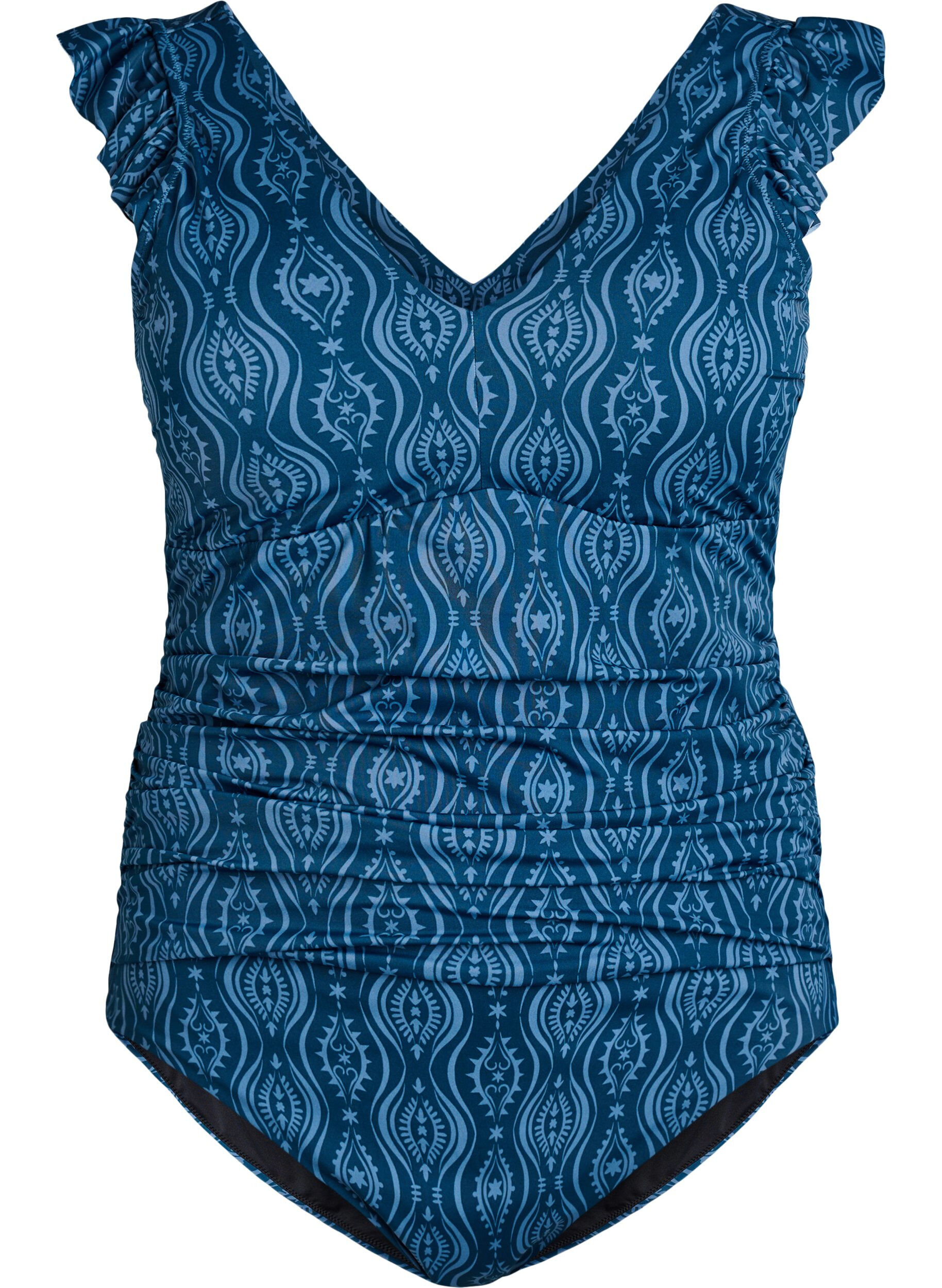 Patterned swimsuit with ruffle details and draping