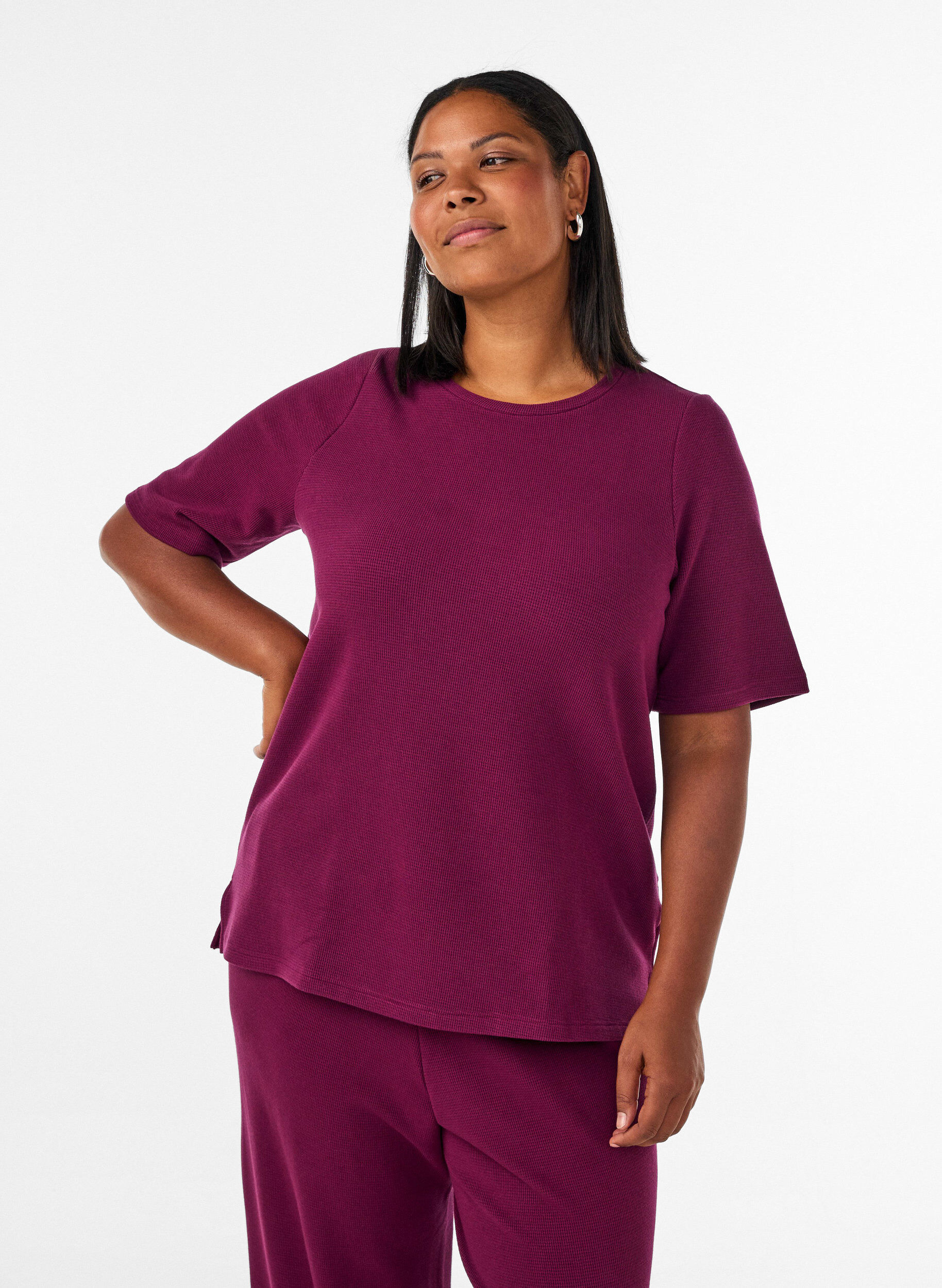 ZizzifashionTextured blouse with elbow-length sleeves, Red, Model image number 0