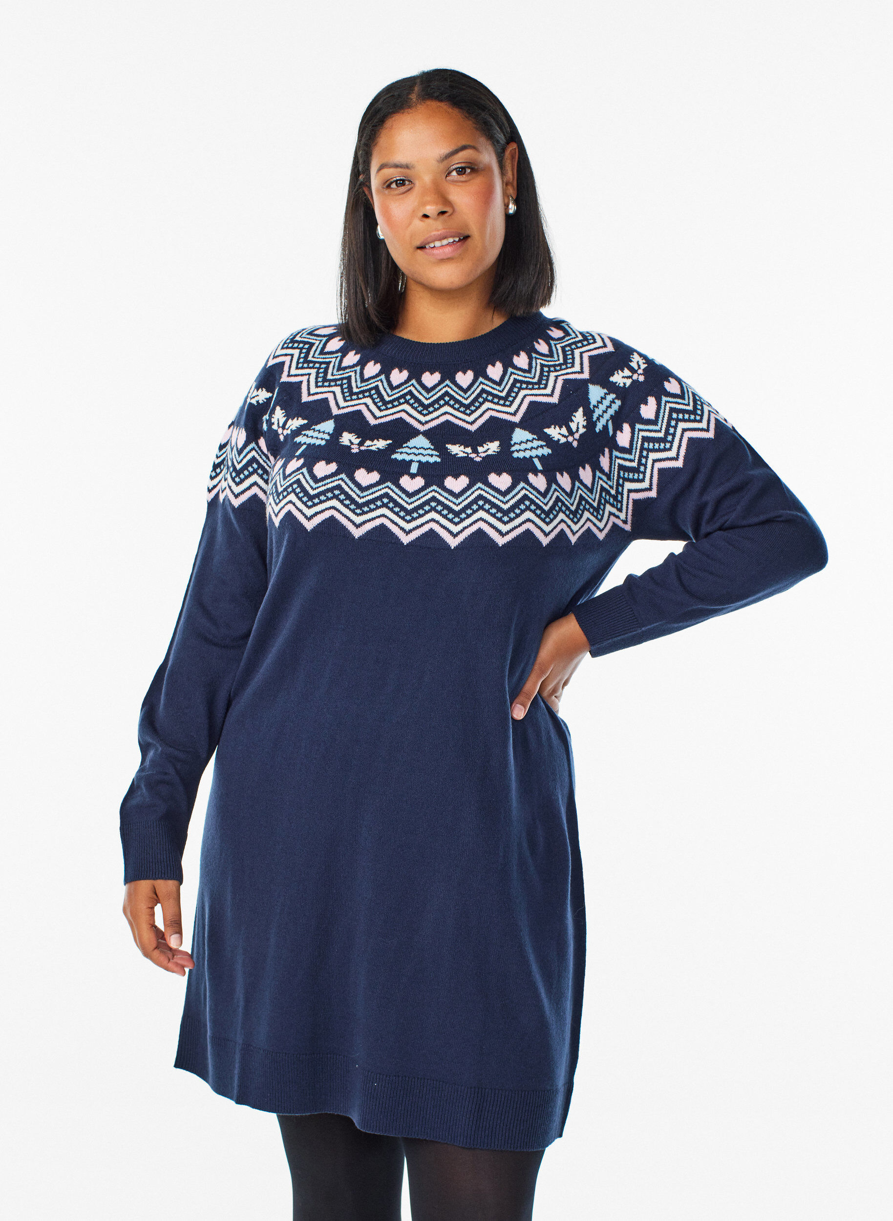 Short knit dress with jacquard pattern and Christmas motifs, Blue, Model