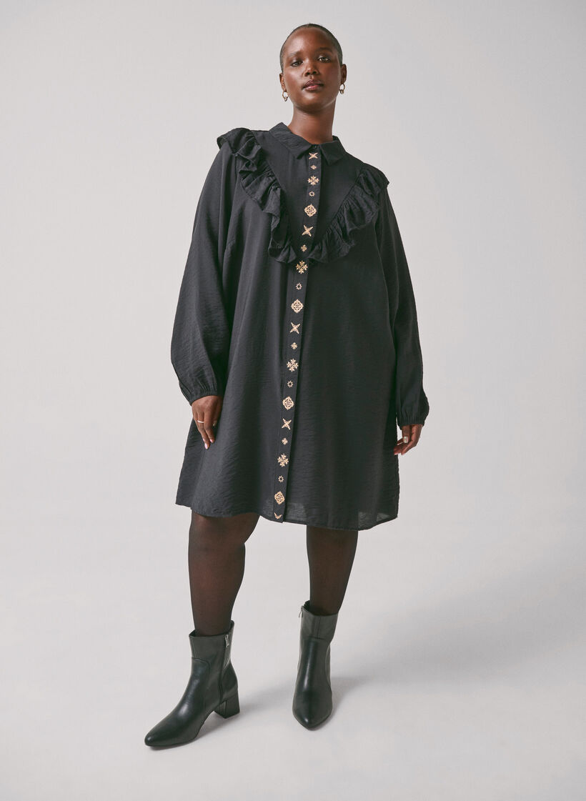 Shirt dress with ruffles and embroidery, Black, Image image number 1