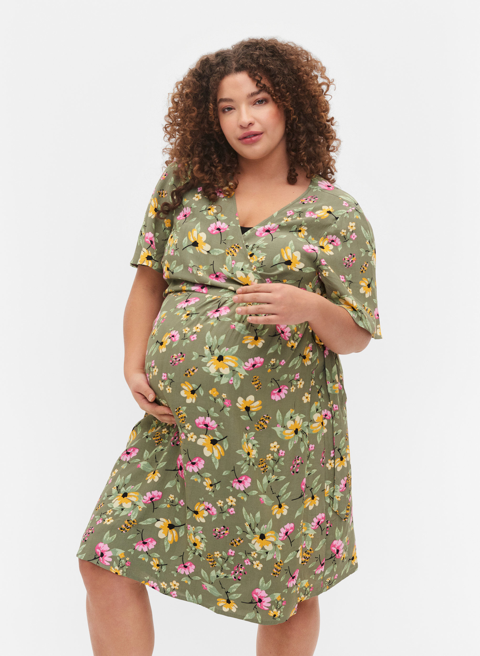 Zizzifashion Pregnancy dress in viscose with wrap, Green Flower Print, Model image number 0