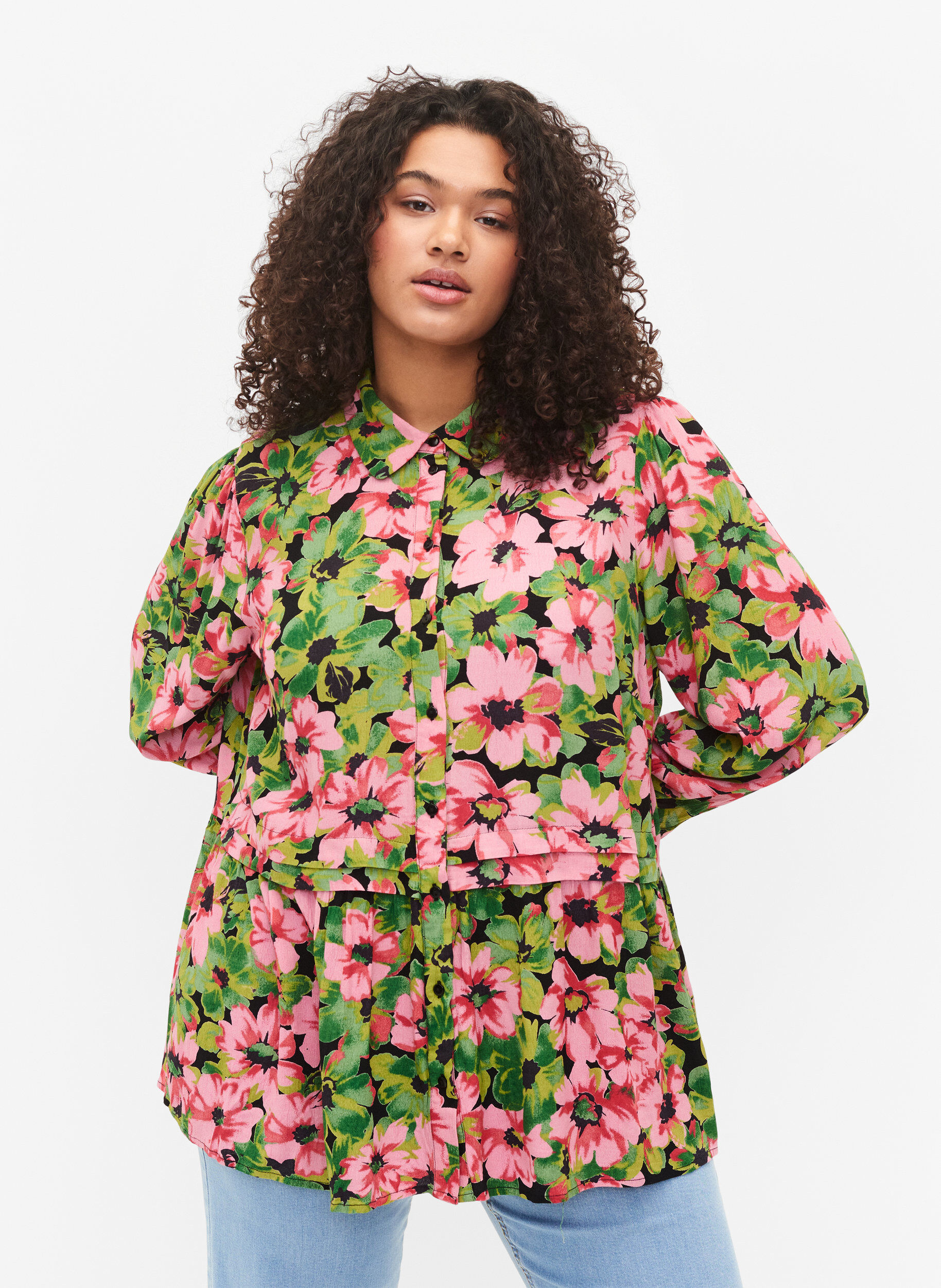 Zizzifashion Floral shirt in viscose, Pink G. Flower AOP, Model image number 0