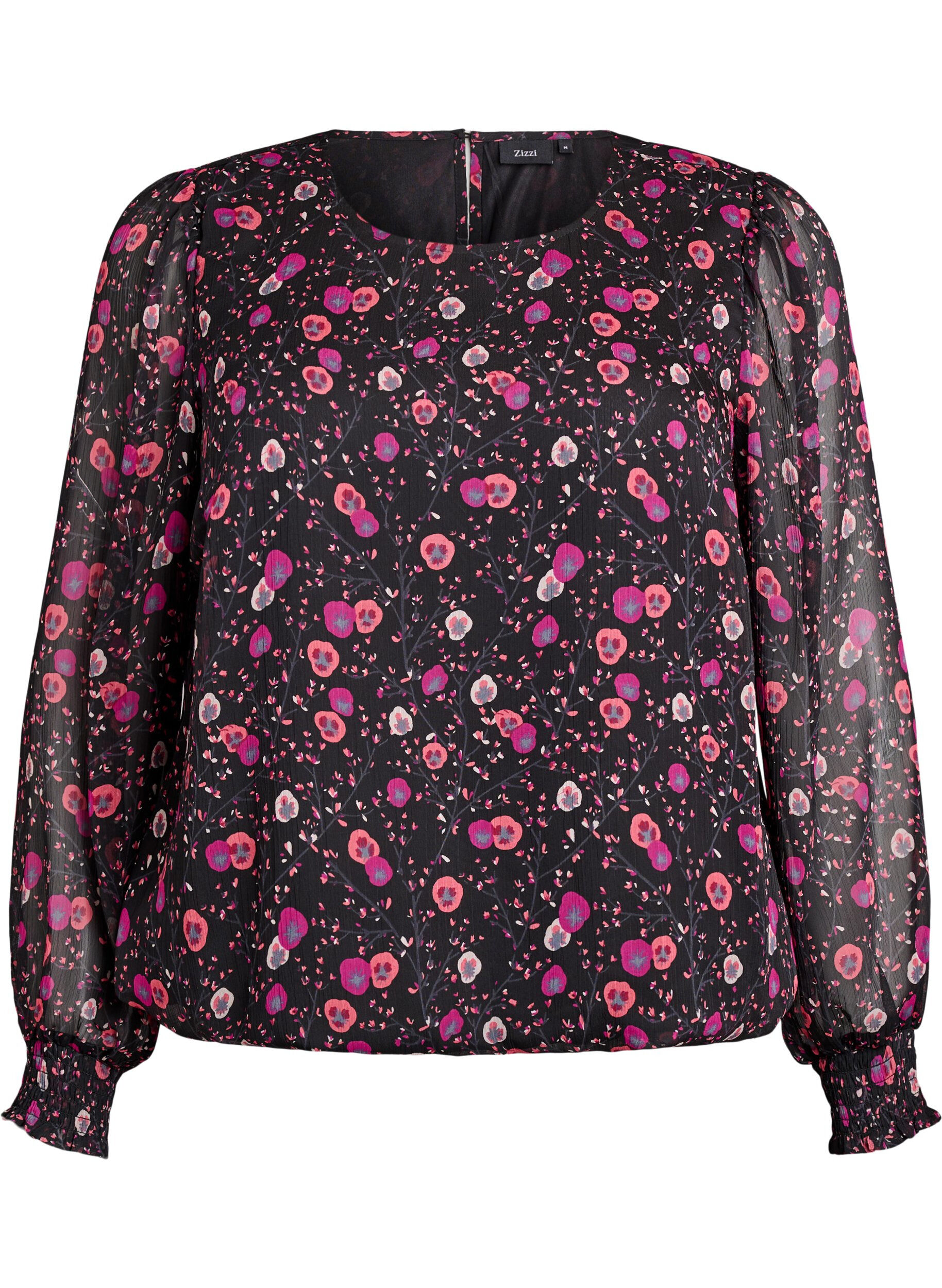 Zizzifashion Floral chiffon blouse with sheer sleeves, Black, Packshot image number 0
