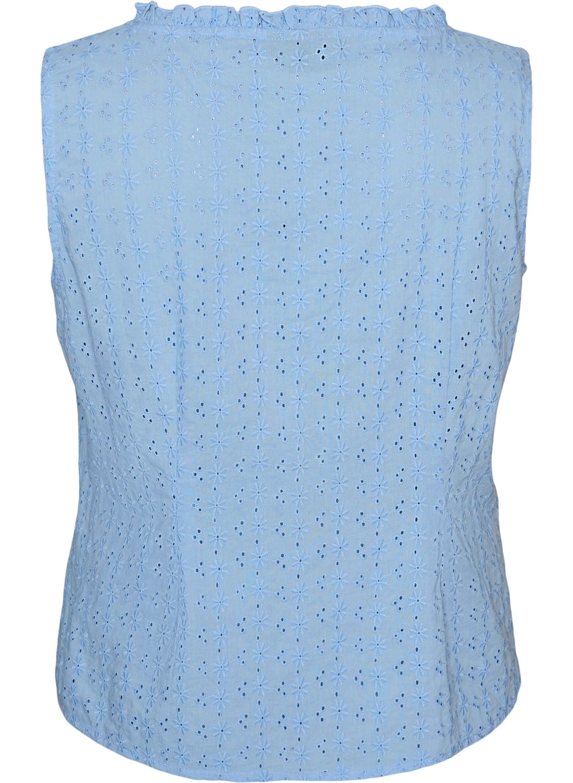 Zizzifashion Sleeveless blouse with broderie anglaise and ruffles, Light Blue, Packshot image number 1