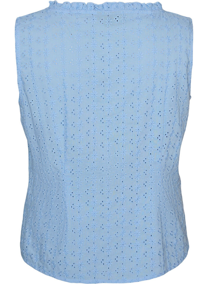 Sleeveless blouse with broderie anglaise and ruffles, Light Blue, Packshot image number 1
