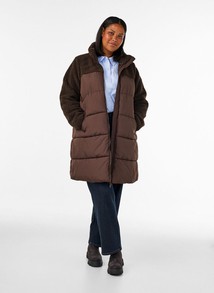 Mid-length puffer jacket with teddy fleece, Brown, Model image number 1