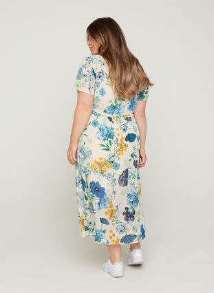 Midi dress with flower pattern and short sleeves, AOP Flower, Model image number 1