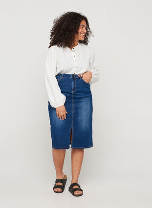 Denim midi skirt with slits, Dark blue denim, Model image number 3