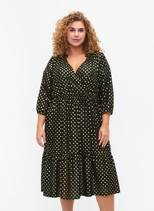 Dress with dotted foil print and 3/4 sleeves, Scarab w. Gold, Model image number 0
