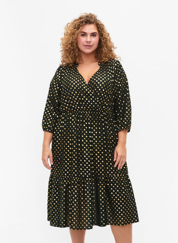 Dress with dotted foil print and 3/4 sleeves, Scarab w. Gold, Model image number 0