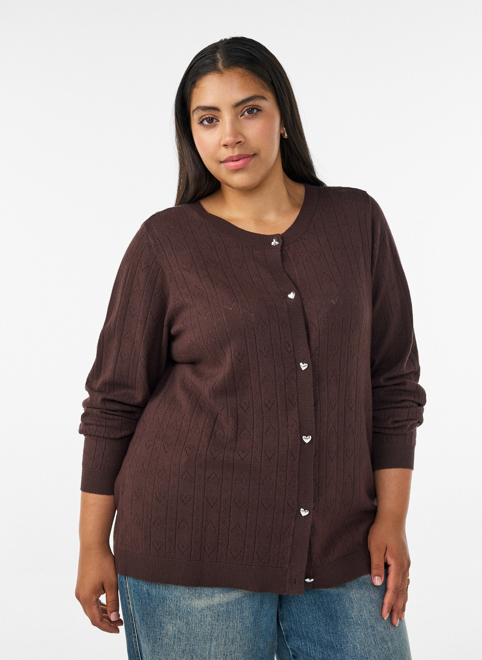 Knitted cardigan with heart eyelet embroidery, Brown, Model