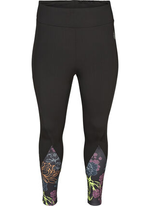 Cropped sports leggings with a floral print, Black, Packshot image number 0