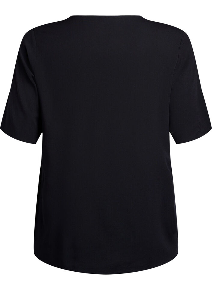 FLASH - Short-sleeved woven blouse with round neck, Black, Packshot image number 1