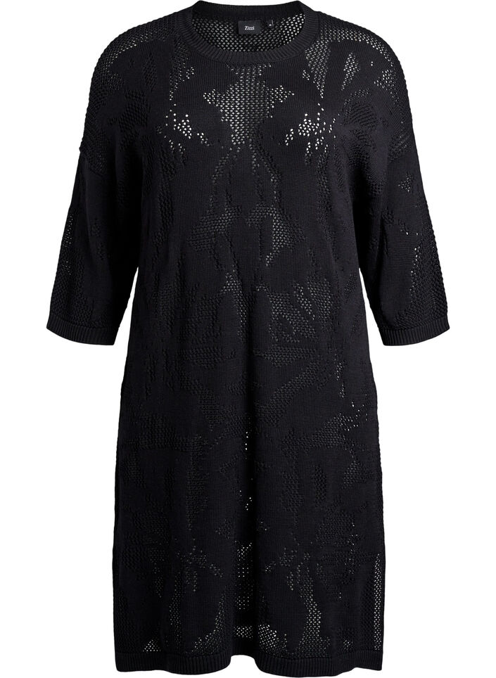 Knitted dress with openwork pattern and 3/4 sleeves, Black, Packshot image number 0