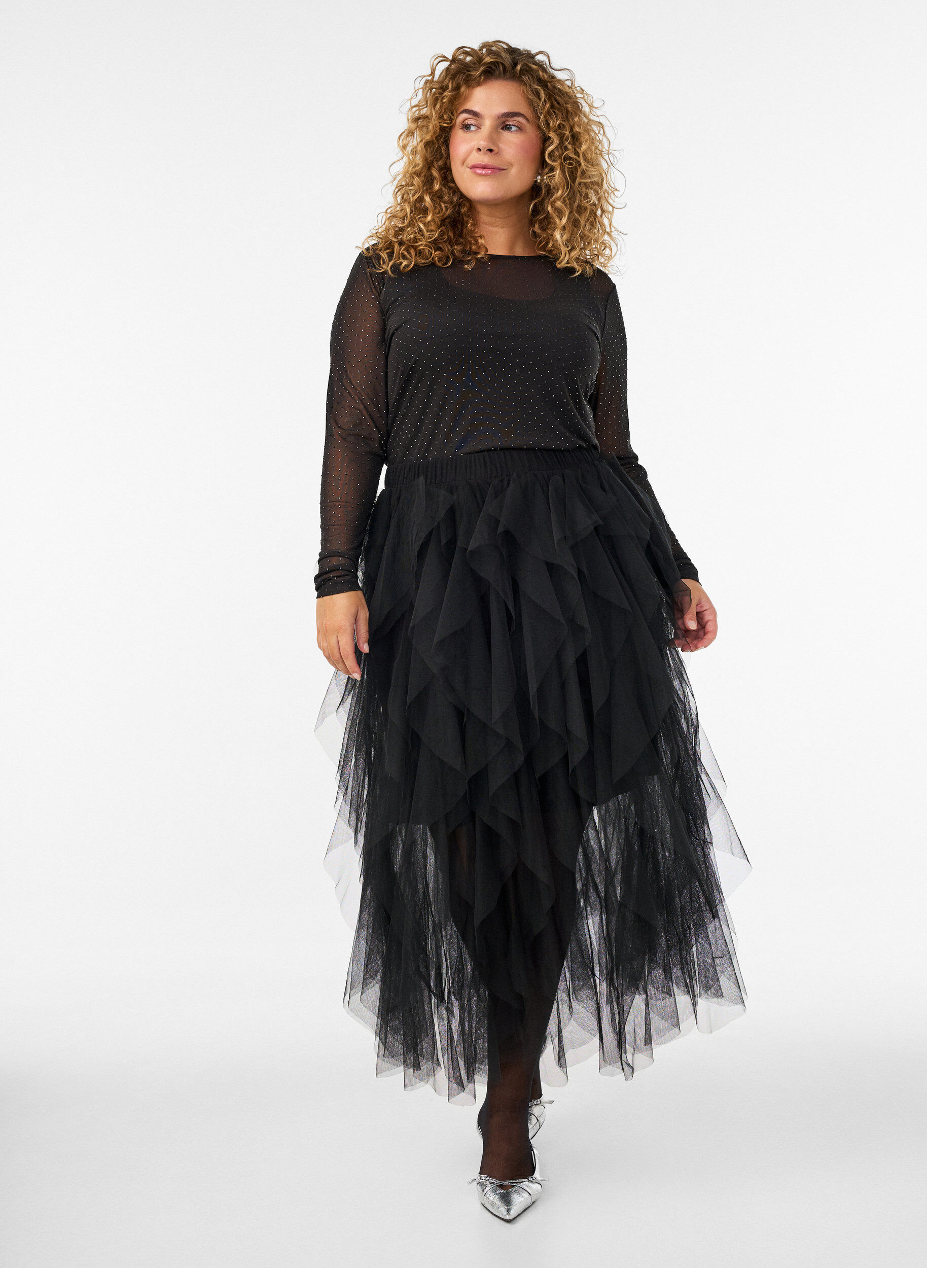 Midi tulle skirt with elastic waistband, Black, Model