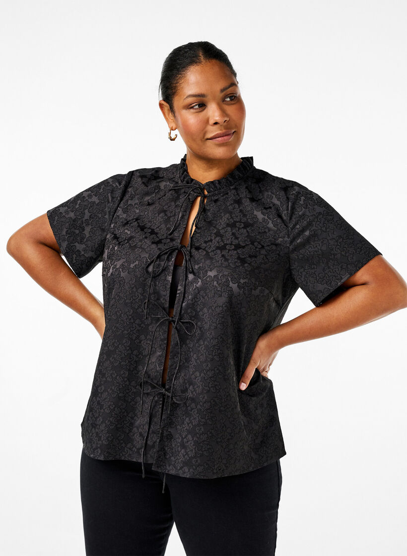 Short-sleeved jacquard blouse with ties, Black, Model image number 0