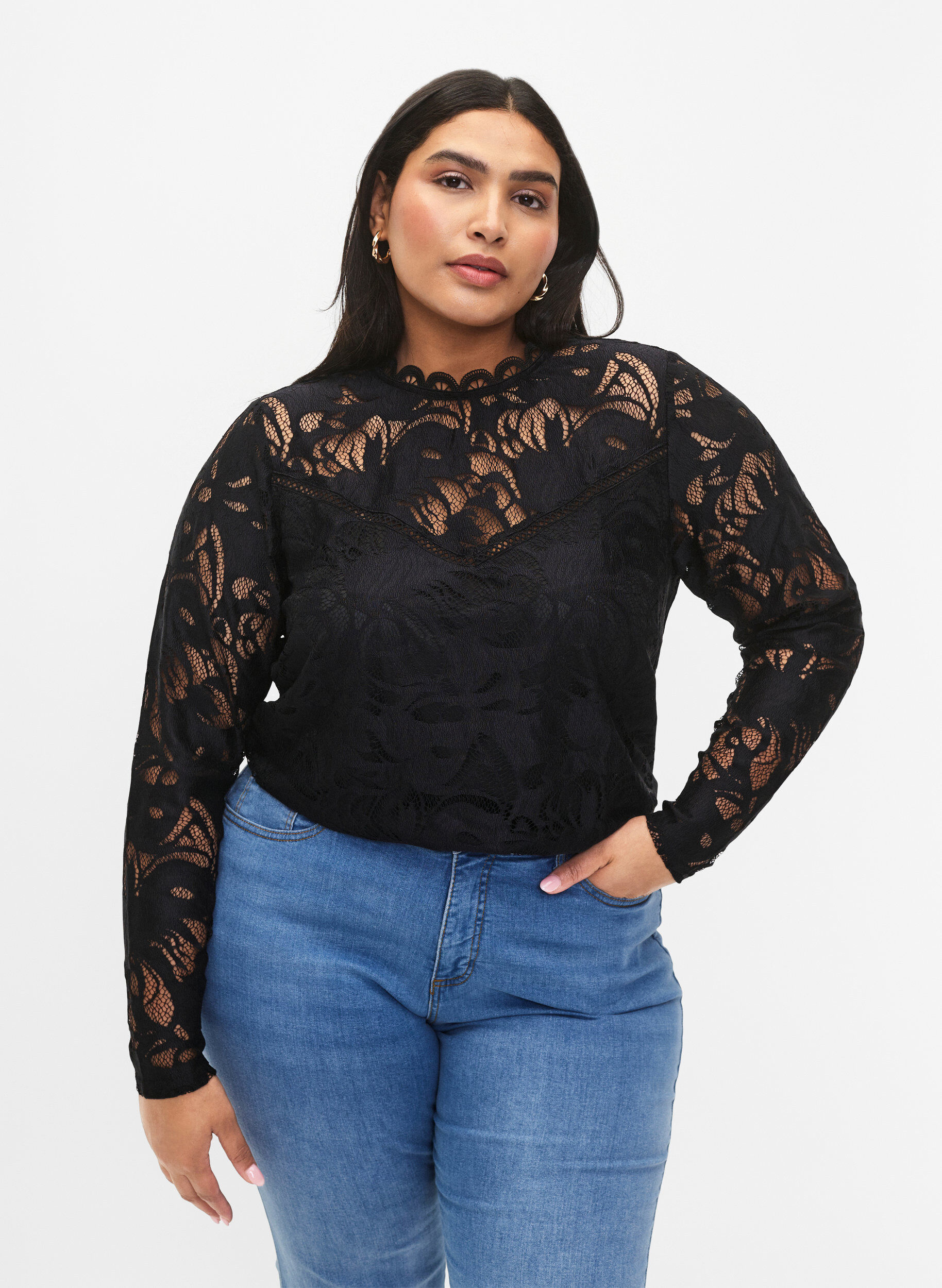 Zizzifashion Long-sleeved lace blouse, Black, Model image number 0