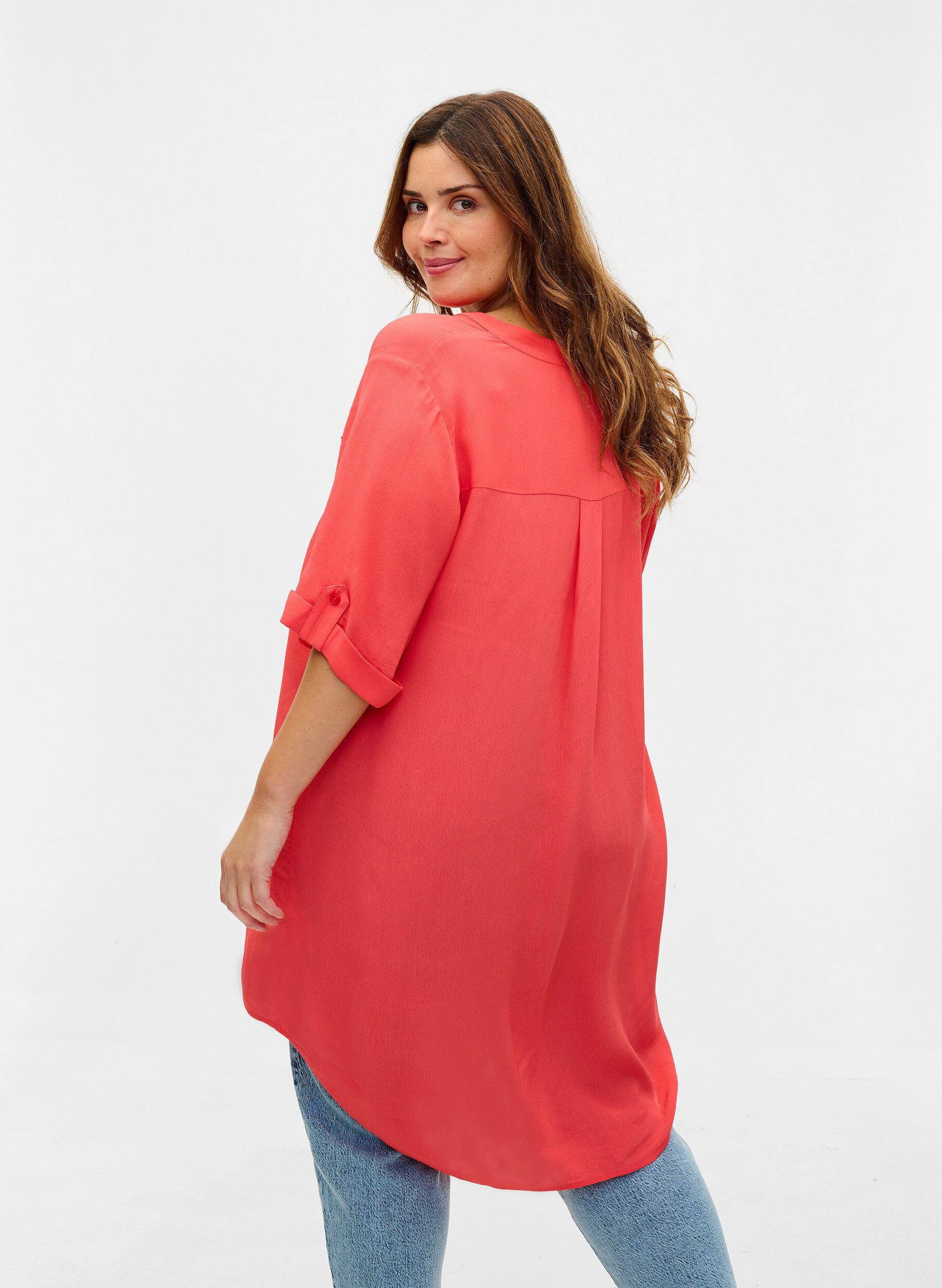 Zizzifashion Viscose tunic with short sleeves, Hot Coral, Model image number 1