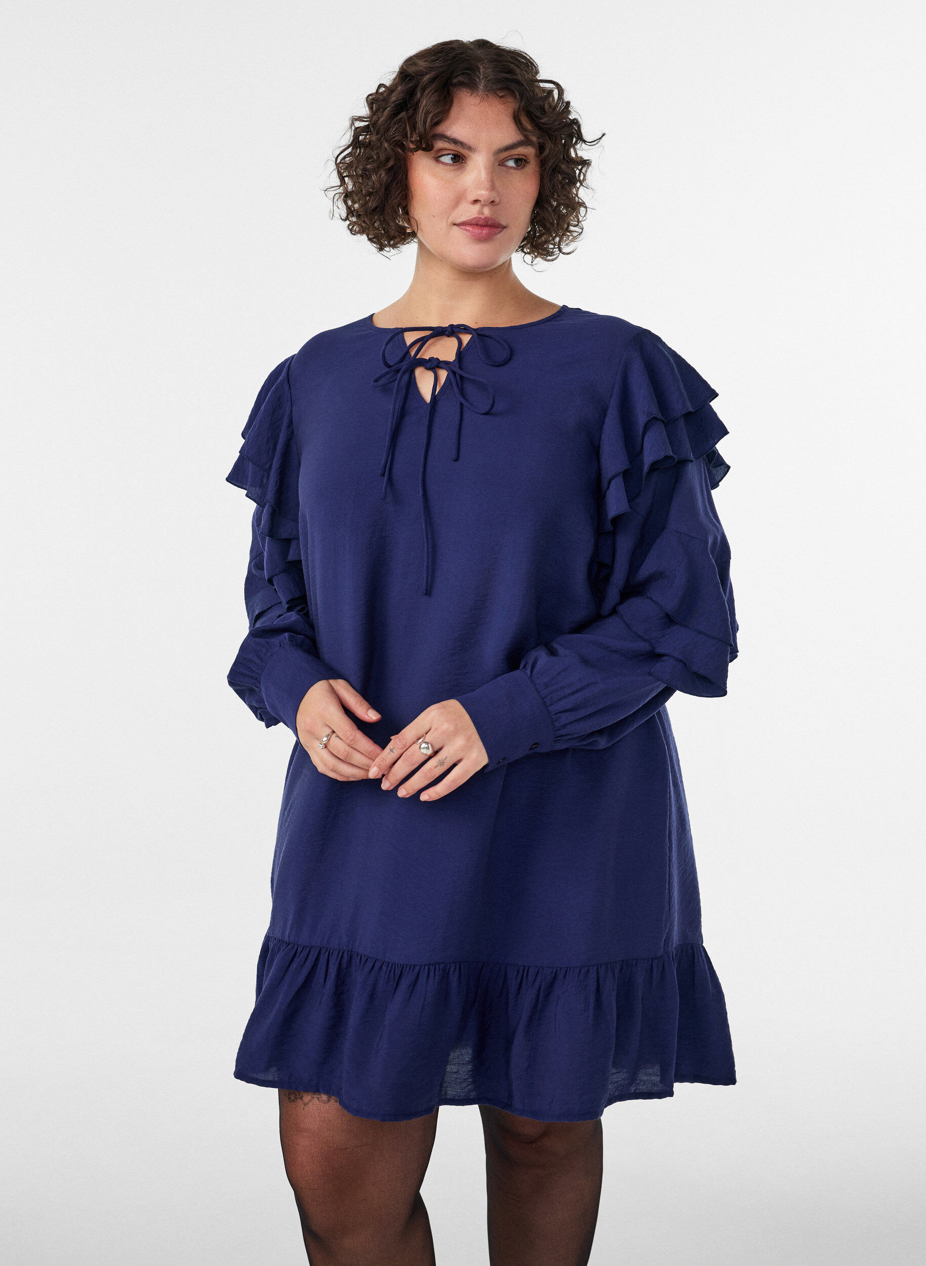Viscose dress with ruffles and ties, Blue, Model