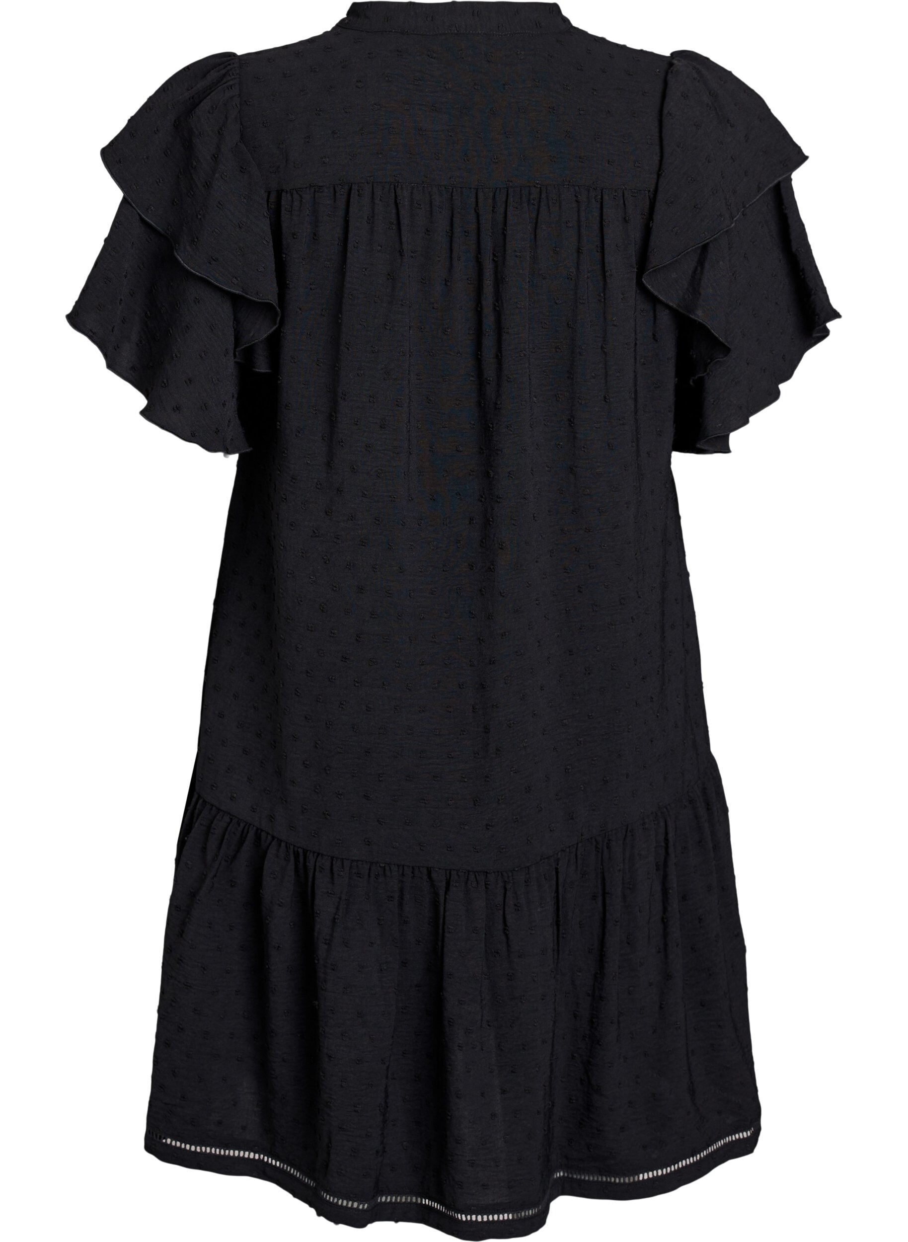 Zizzifashion Short dress with ruffle sleeves and dotted texture, Black, Packshot image number 1