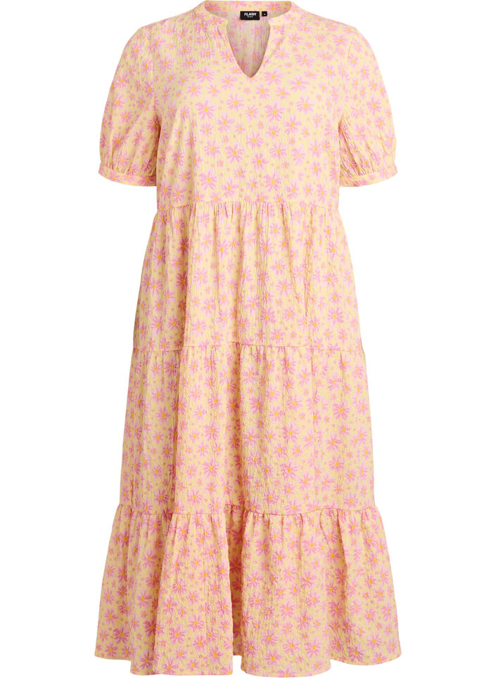 Ankle-length dress with short sleeves and tiered ruffles, Yellow, Packshot image number 0