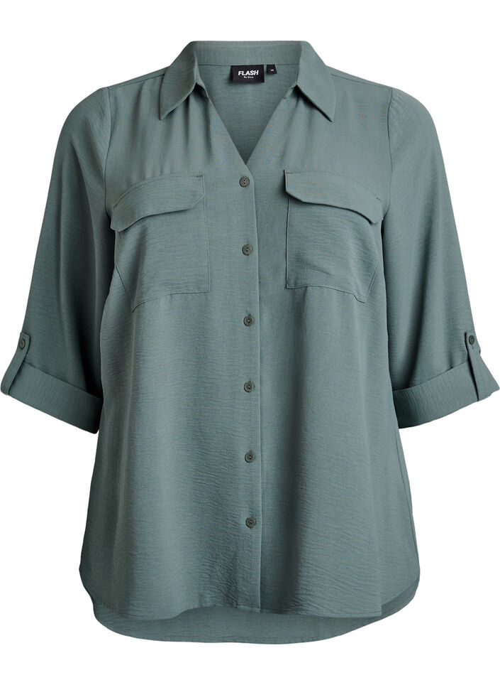 Shirt with chest pockets and 3/4 sleeves, Green, Packshot image number 0