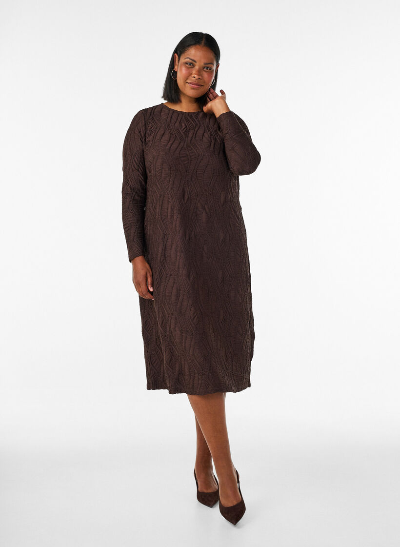 Midi dress with a wavy texture and long sleeves, Brown, Model image number 0