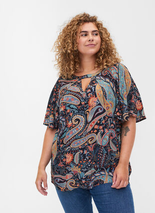 Short-sleeved viscose blouse with paisley print, Paisley AOP, Model image number 0