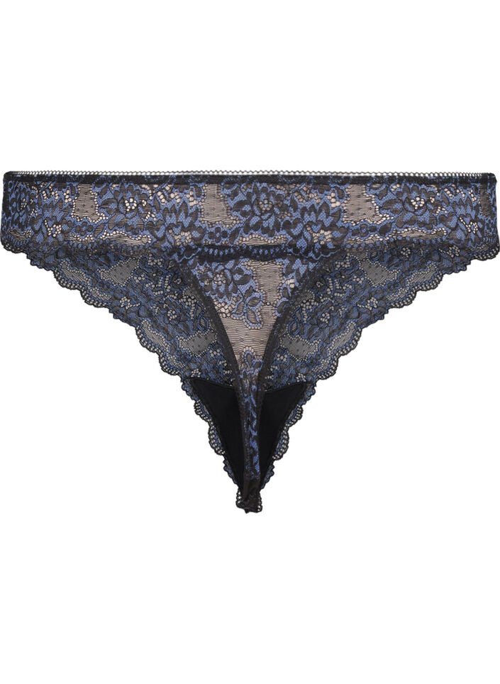 G-string with contrast-coloured lace, Black w Blue , Packshot image number 1