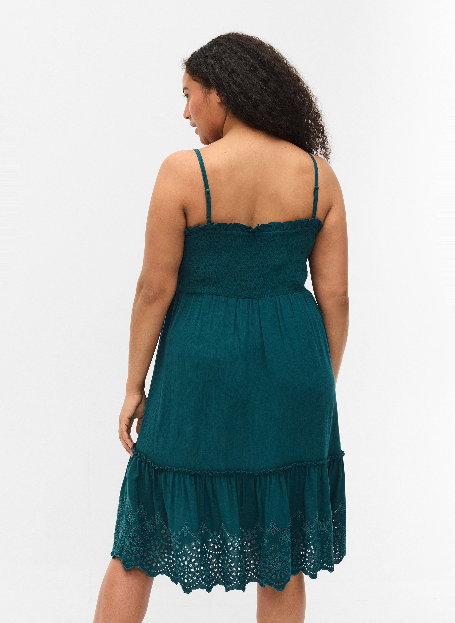 Zizzifashion Viscose smock beach dress with embroidery anglaise, Deep Teal, Model image number 1
