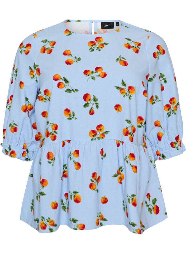 Cotton blouse with tomato print and peplum, Light Blue, Packshot image number 0