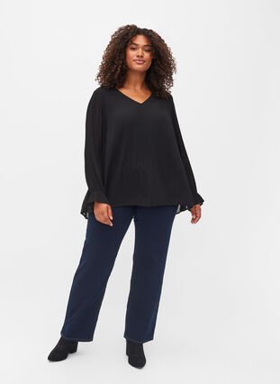 Pleated top with v-neck, Black, Model image number 2