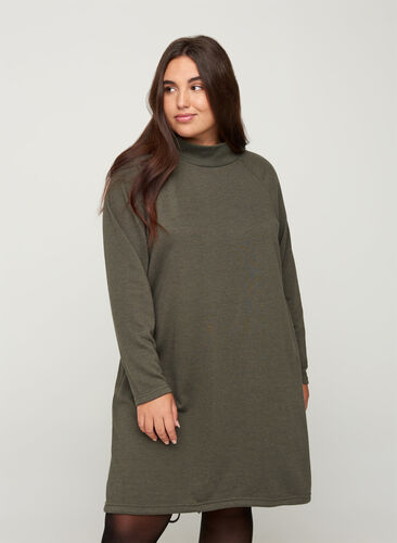 Sweater dress with a high neck and tie detail, Ivy Green Melange, Model image number 0