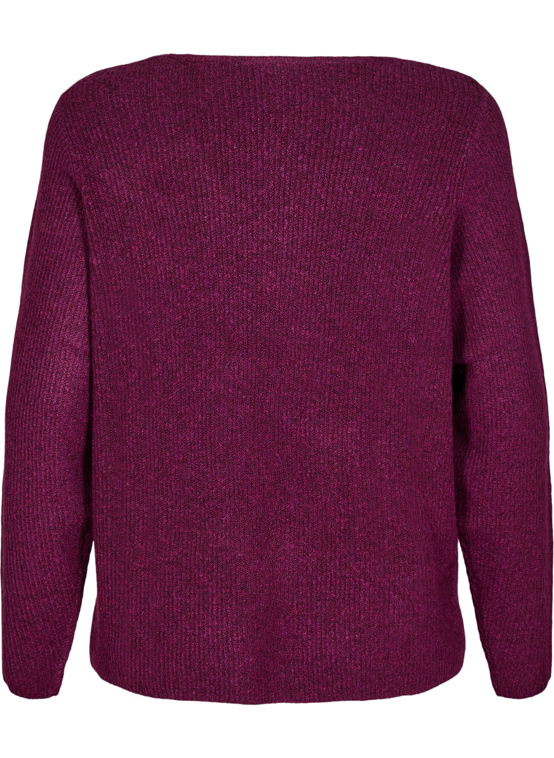 Zizzifashion Knitted blouse with v-neck and long sleeves, Potent P. Black Mel., Packshot image number 1