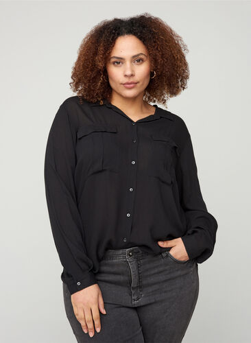 Viscose shirt with chest pockets, Black, Model image number 0
