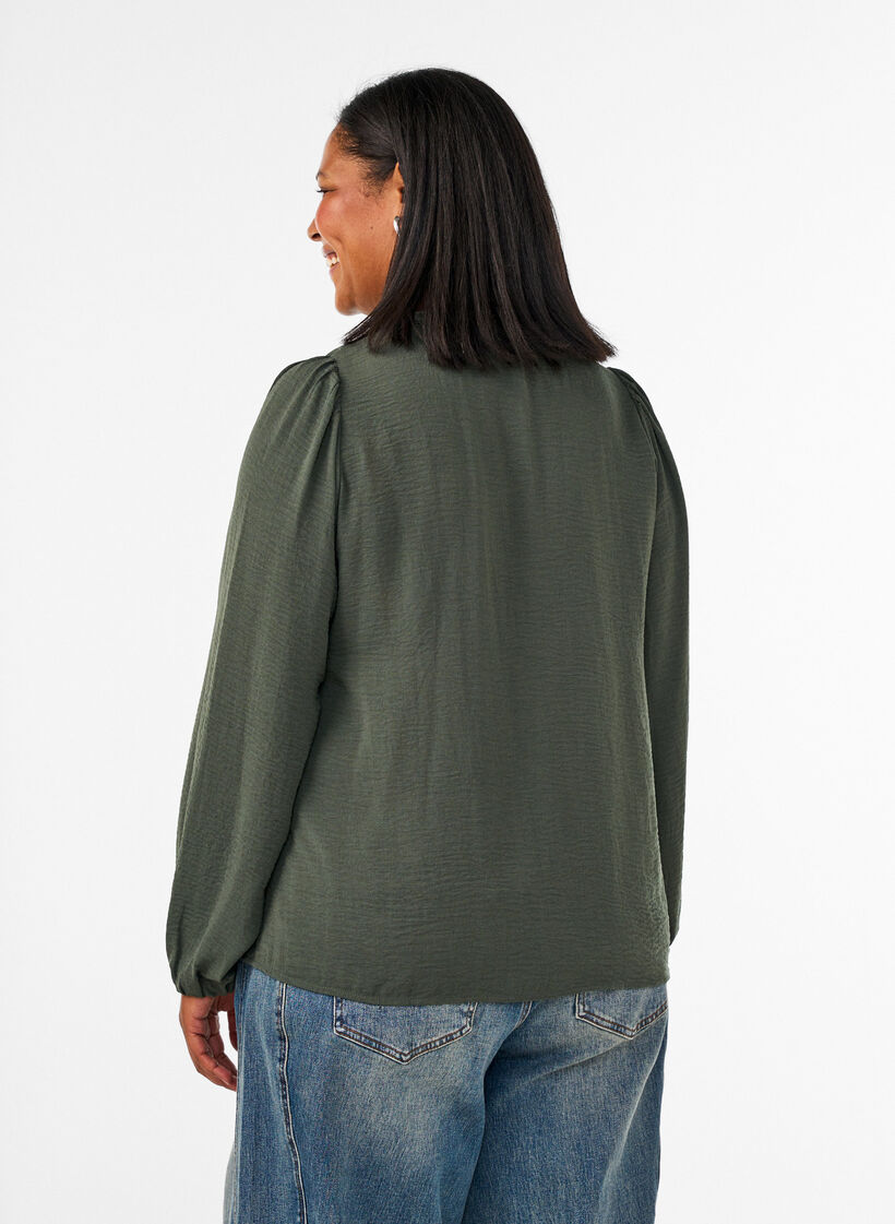 Blouse with V-neck and crochet trim, Green, Model image number 2