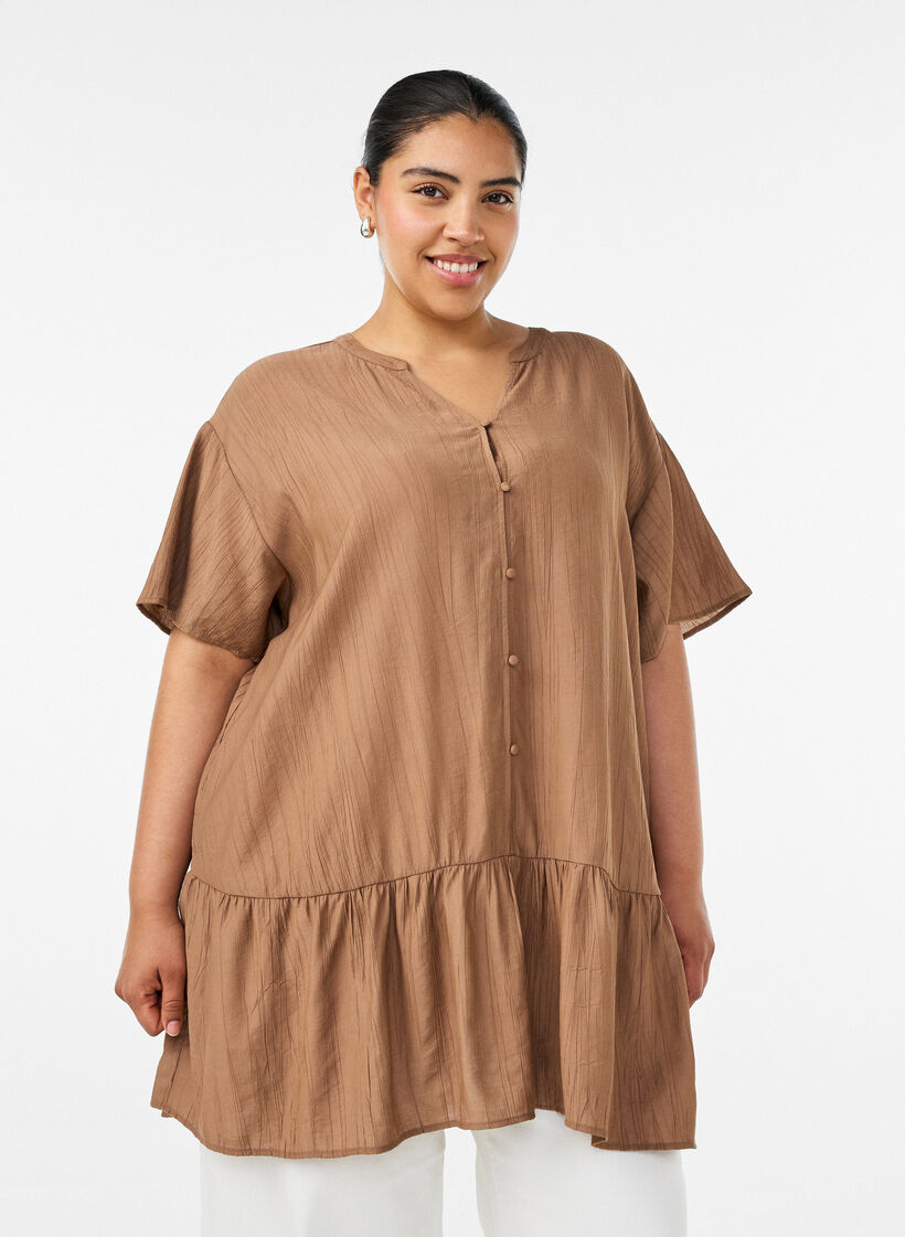Loose tunic with crinkled texture and ruffle hem, Brown, Model image number 0