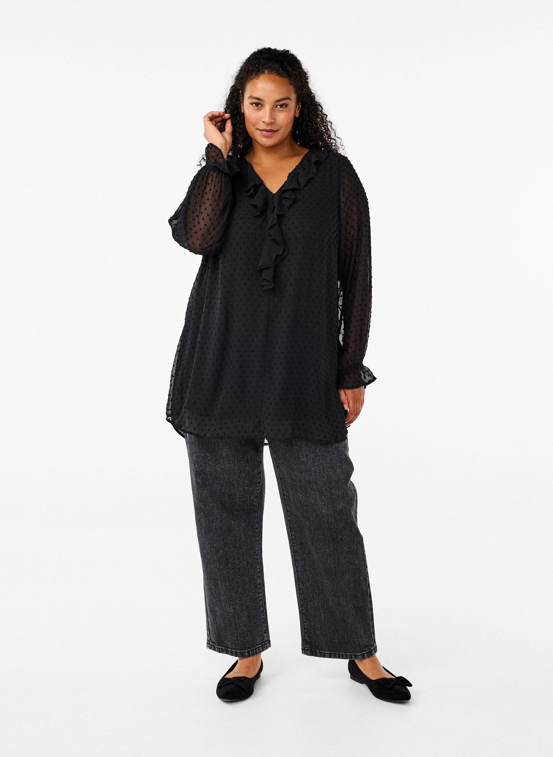 Zizzifashion Tunic with ruffles and dotted texture, Black, Model image number 2