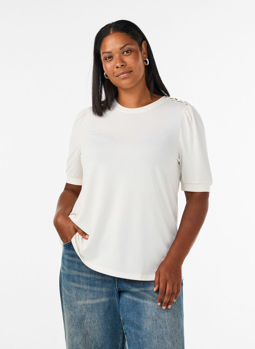 Blouse with button detail and short puff sleeves, Beige, Model image number 0