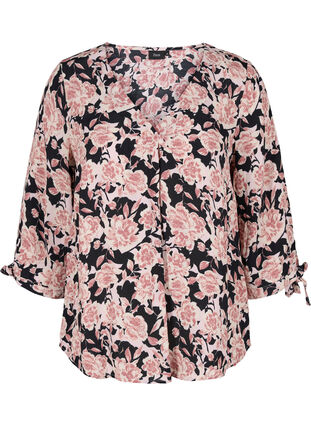 Floral viscose blouse with 3/4 sleeves, Black Flower AOP, Packshot image number 0