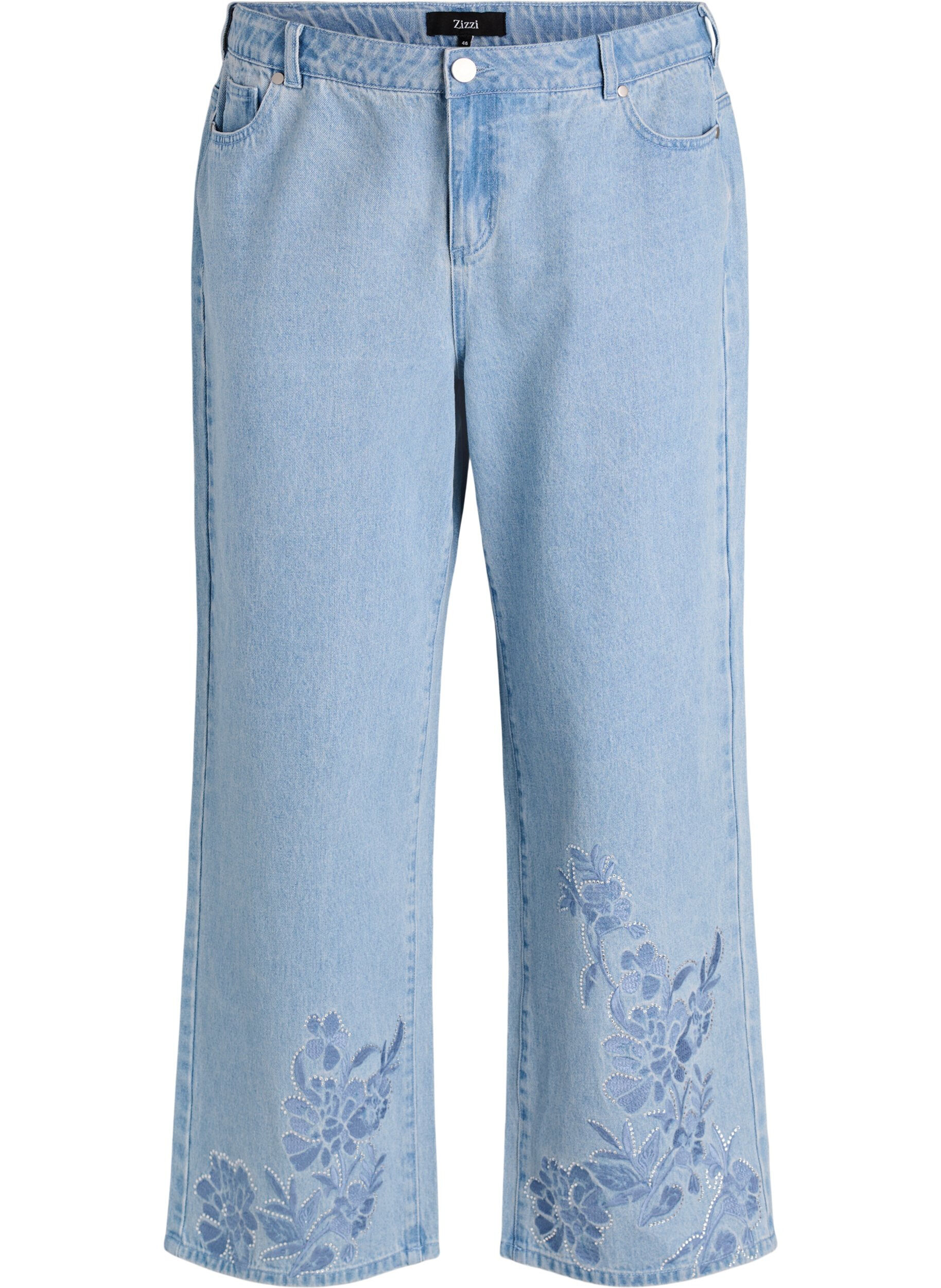 Zizzifashion Myra jeans with wide fit and flower details, Light Blue, Packshot image number 0