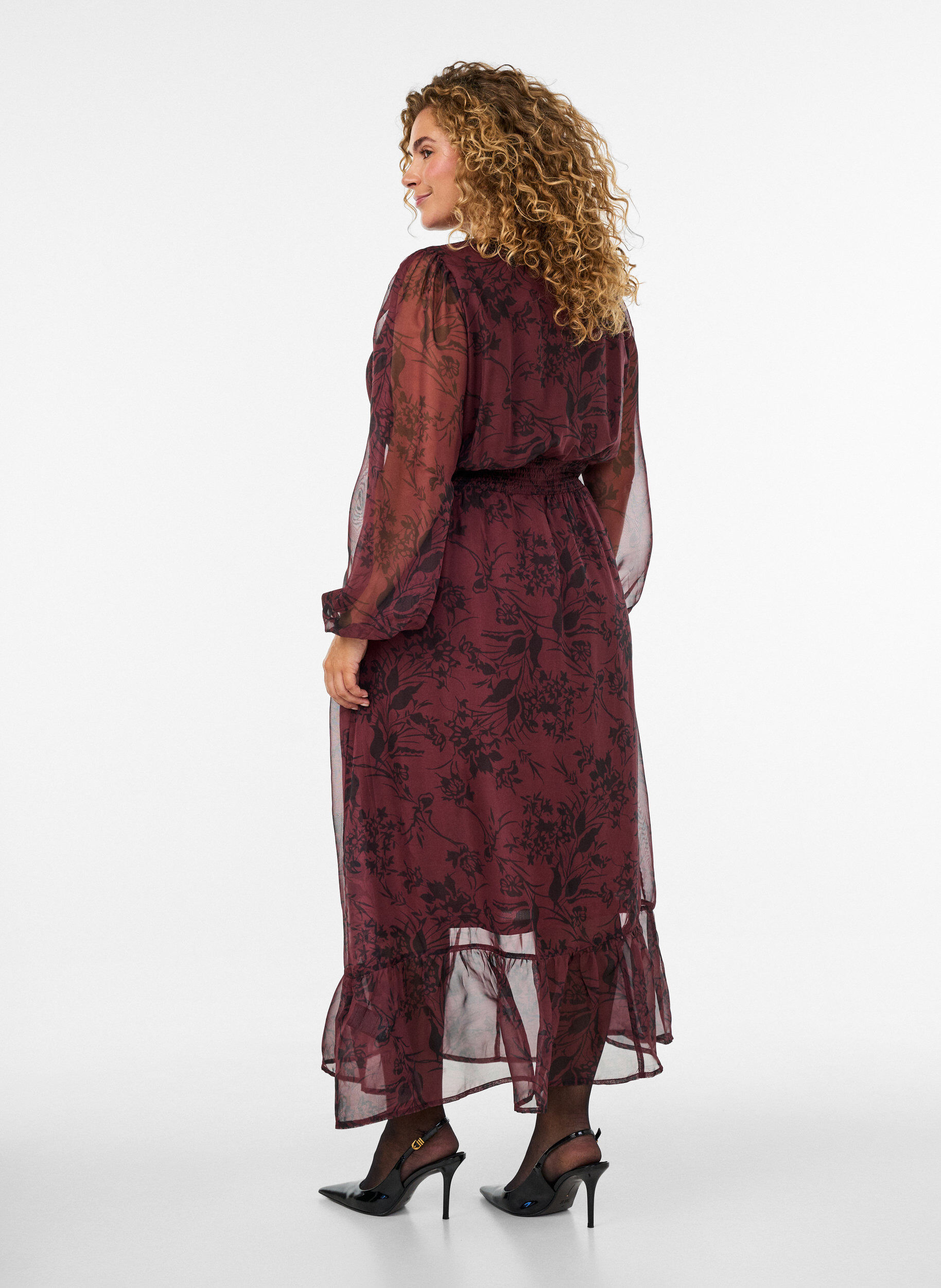 ZizzifashionMaxi dress with floral print and smocking, Dark Bordeaux, Model image number 1