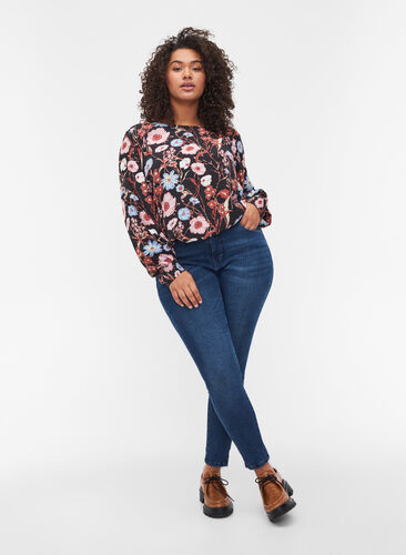 Floral viscose blouse with smock detail, Black Flower AOP, Model image number 1