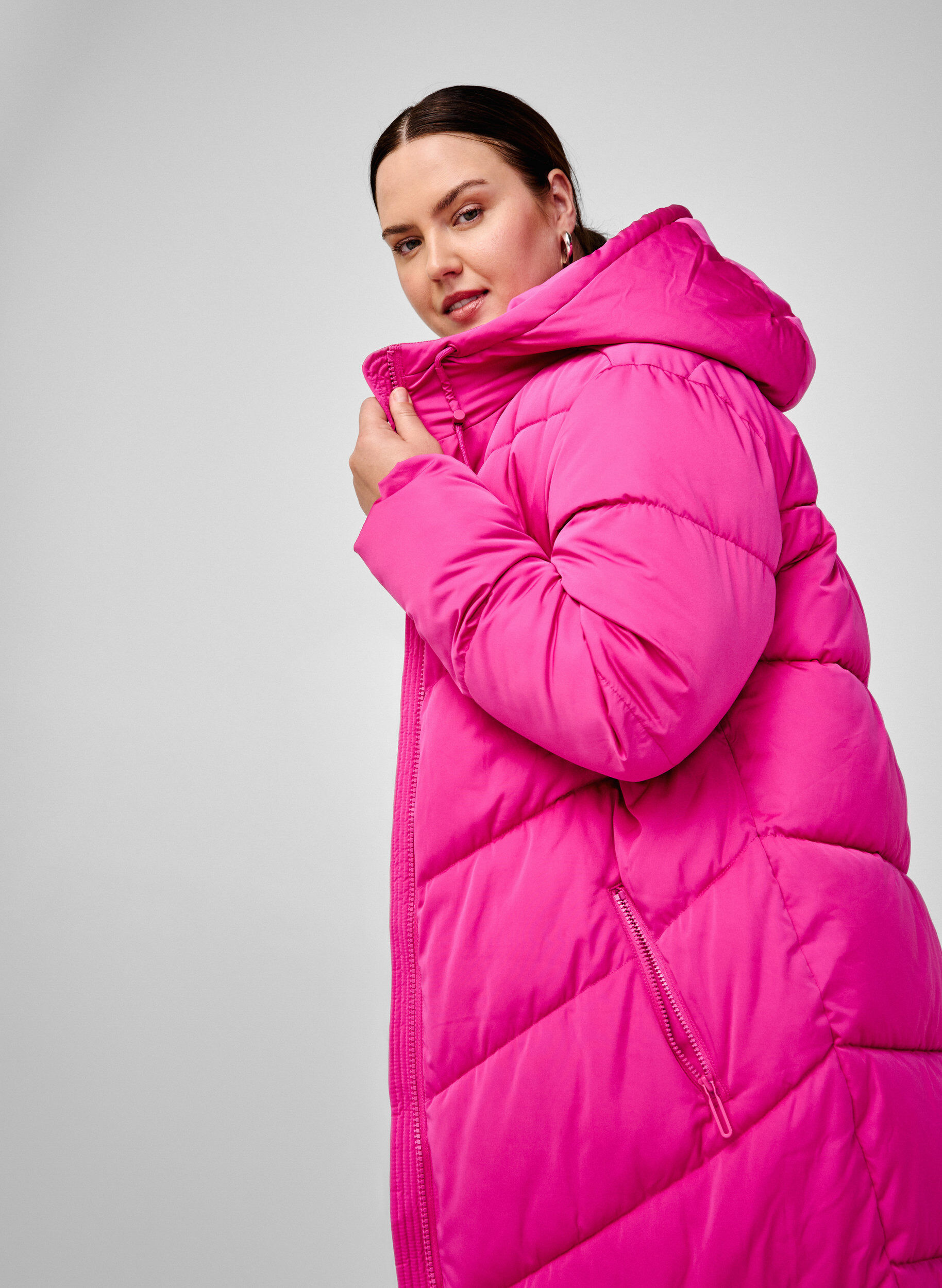 Zizzifashion Long puffer coat with hood and pockets, Pink, Image image number 0
