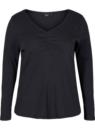 Ribbed cotton blouse with V-neck and ruching, Black, Packshot image number 0
