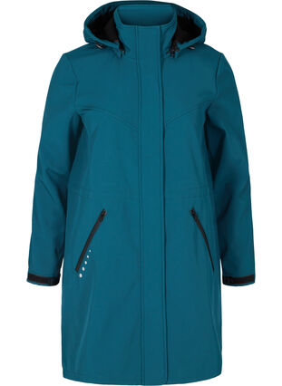 Long, hooded softshell jacket, Blue Coral solid, Packshot image number 0